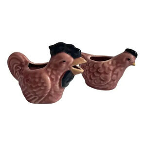 1950s Rooster Creamer And Hen Sugar Bowl Set In Pink and Black Glazed Pottery